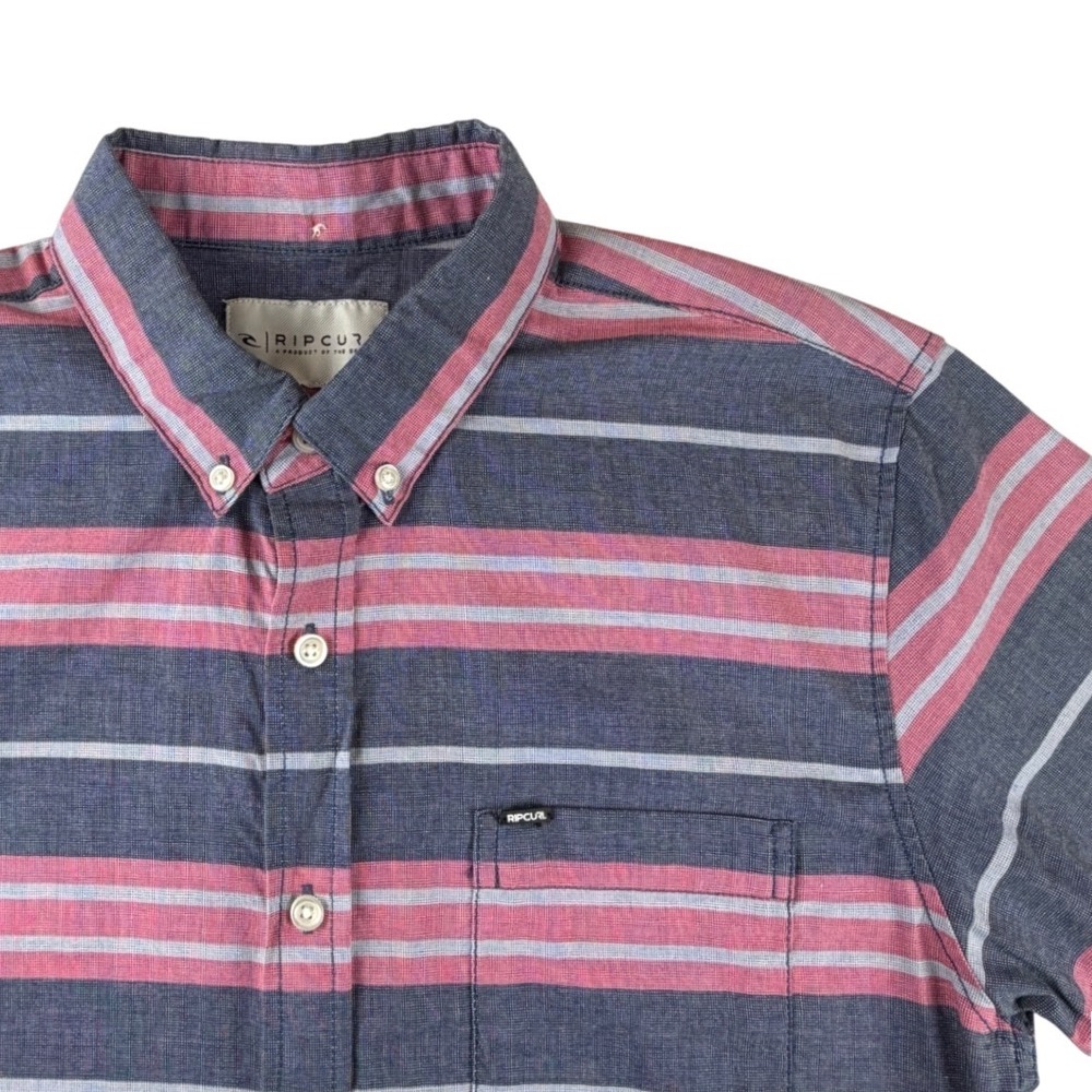 Rip Curl Mens Tailored Fit Striped Short Sleeve Button Down Shirt Navy Red S
